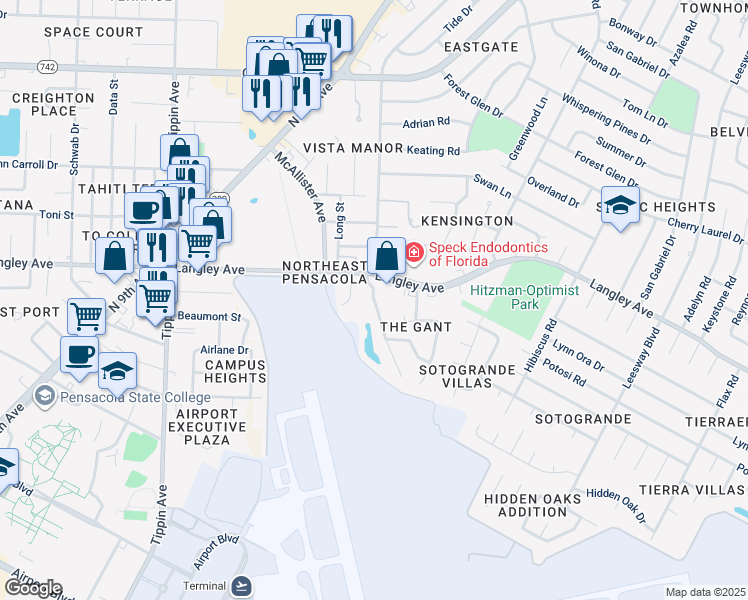 map of restaurants, bars, coffee shops, grocery stores, and more near 2825 Langley Avenue in Pensacola