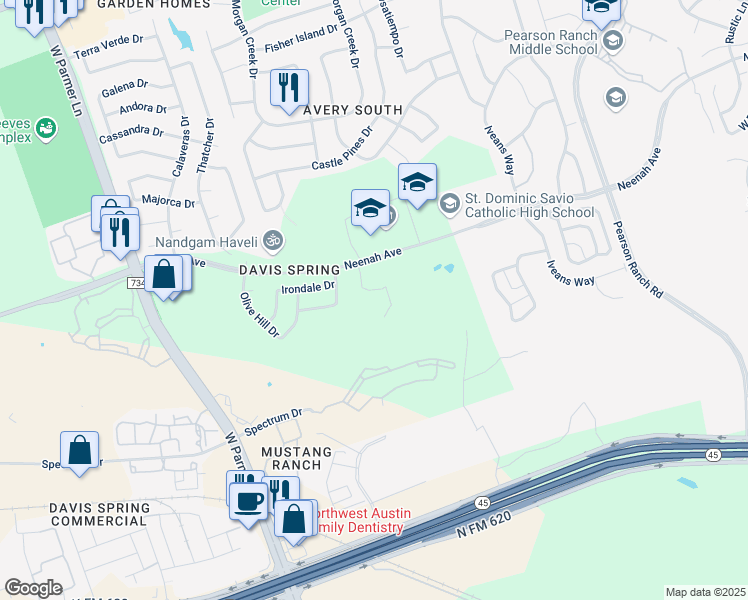 map of restaurants, bars, coffee shops, grocery stores, and more near 14912 Solera Drive in Austin