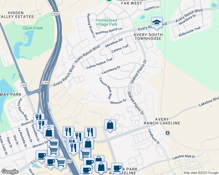 map of restaurants, bars, coffee shops, grocery stores, and more near 10613 Cannon Mark Way in Austin