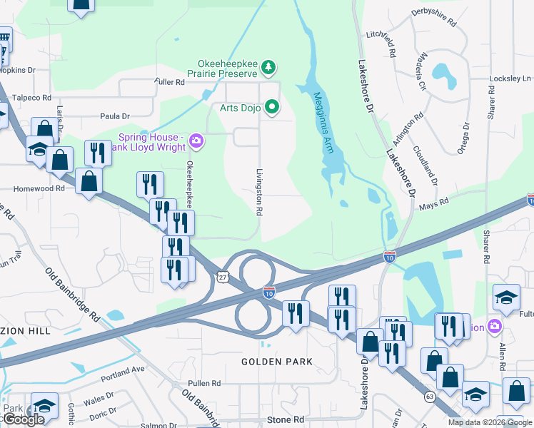 map of restaurants, bars, coffee shops, grocery stores, and more near 3047 Livingston Road in Tallahassee