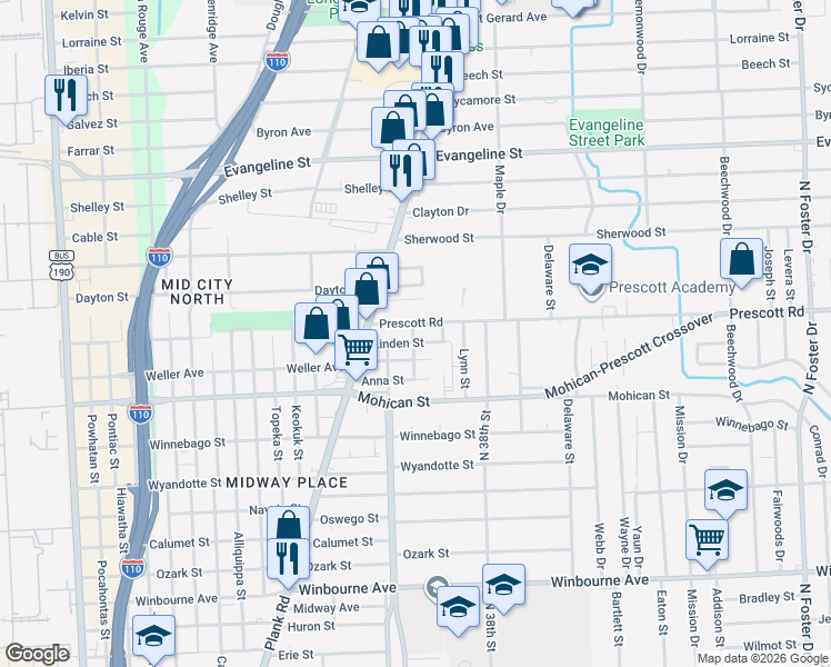 map of restaurants, bars, coffee shops, grocery stores, and more near 3447 Prescott Road in Baton Rouge