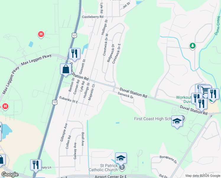 map of restaurants, bars, coffee shops, grocery stores, and more near 267 Sanwick Drive in Jacksonville