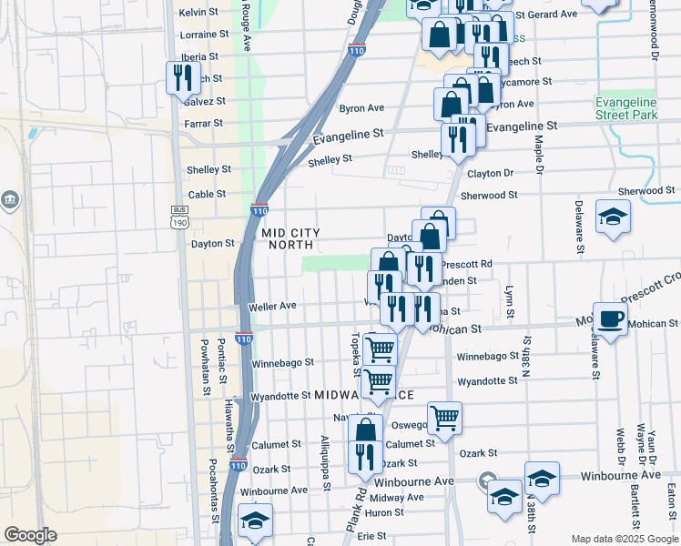 map of restaurants, bars, coffee shops, grocery stores, and more near 4214 Alliquippa Street in Baton Rouge