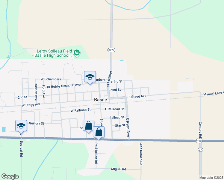map of restaurants, bars, coffee shops, grocery stores, and more near 2835 2nd Street in Basile