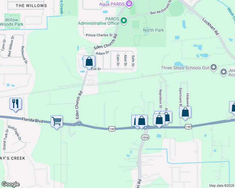 map of restaurants, bars, coffee shops, grocery stores, and more near 9820 J. C. Summers Lane in Denham Springs