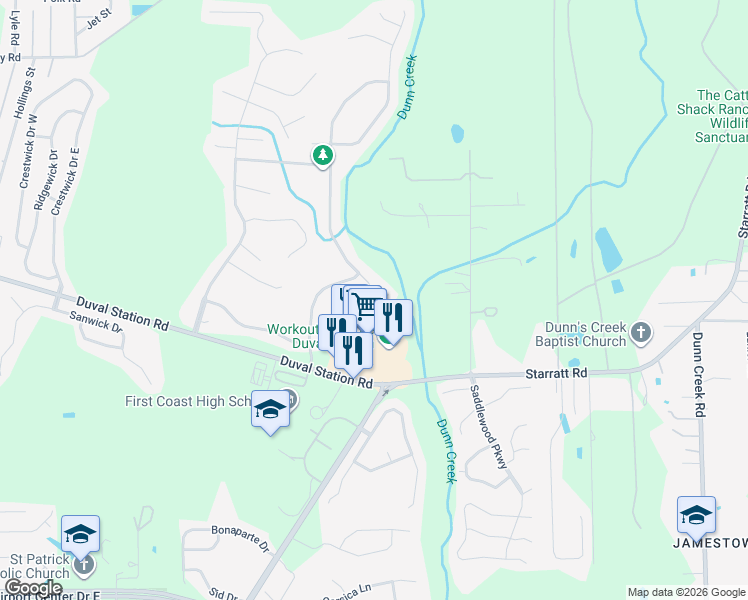 map of restaurants, bars, coffee shops, grocery stores, and more near 740 Indigo Run Drive in Jacksonville