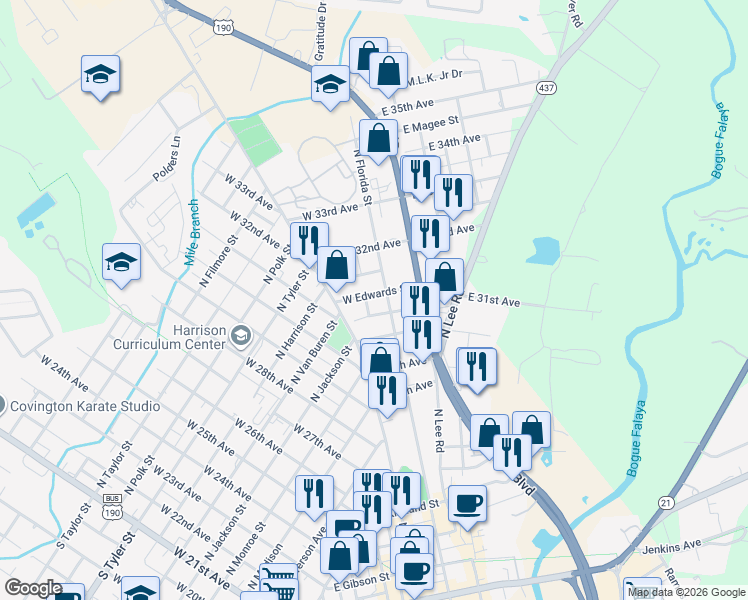 map of restaurants, bars, coffee shops, grocery stores, and more near 1115 North Florida Street in Covington