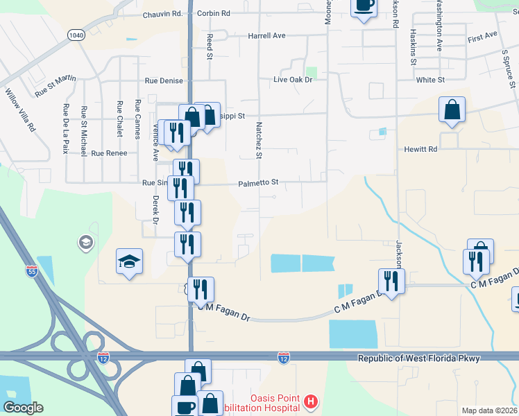 map of restaurants, bars, coffee shops, grocery stores, and more near 1503 Natchez Street in Hammond