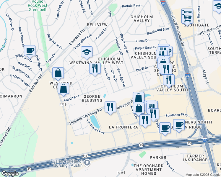 map of restaurants, bars, coffee shops, grocery stores, and more near 2403 Lasso Drive in Round Rock