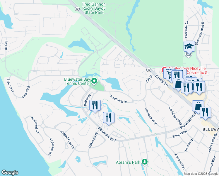 map of restaurants, bars, coffee shops, grocery stores, and more near 302 Southlake Court in Niceville