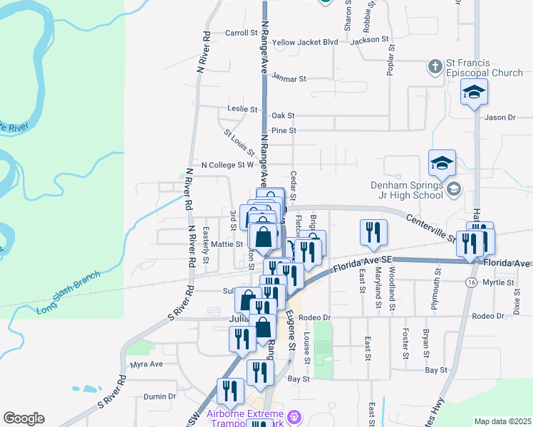 map of restaurants, bars, coffee shops, grocery stores, and more near in Denham Springs