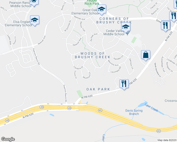 map of restaurants, bars, coffee shops, grocery stores, and more near 8210 Montoya Circle in Austin