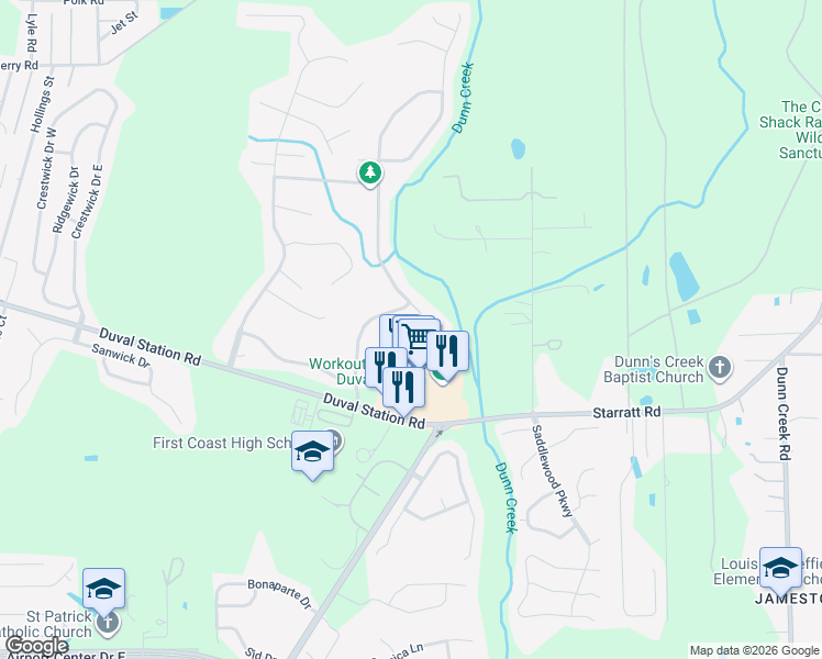 map of restaurants, bars, coffee shops, grocery stores, and more near 725 Indigo Run Drive in Jacksonville