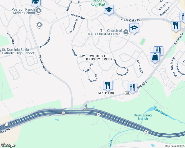 map of restaurants, bars, coffee shops, grocery stores, and more near 15408 Osseo Cove in Austin