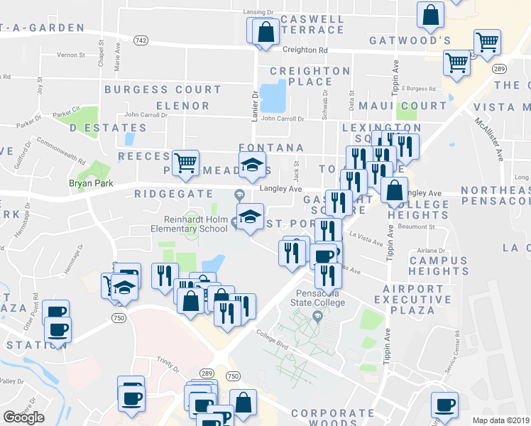 map of restaurants, bars, coffee shops, grocery stores, and more near 1808 Loyola Avenue in Pensacola