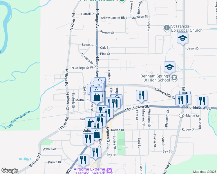 map of restaurants, bars, coffee shops, grocery stores, and more near 211 Centerville Street Northeast in Denham Springs