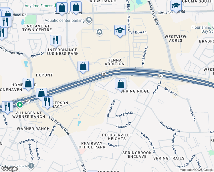 map of restaurants, bars, coffee shops, grocery stores, and more near 2501 Louis Henna Boulevard in Round Rock