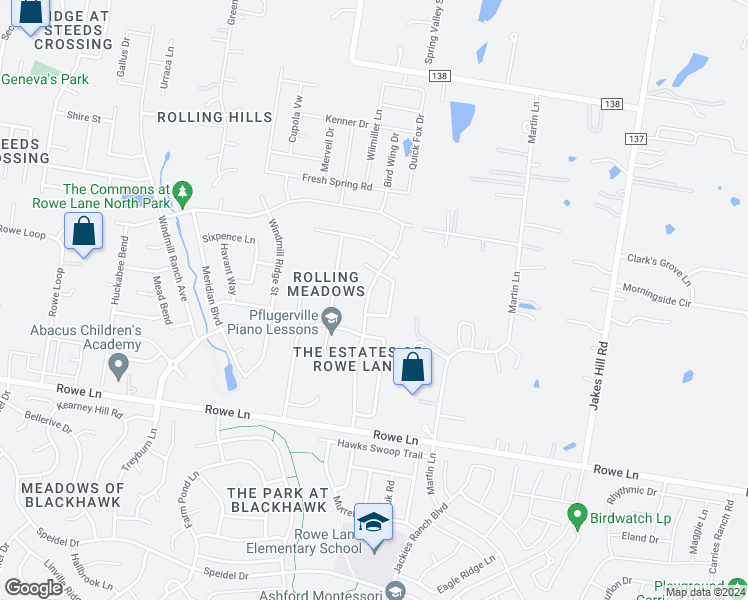 map of restaurants, bars, coffee shops, grocery stores, and more near 21013 Penny Royal Drive in Pflugerville