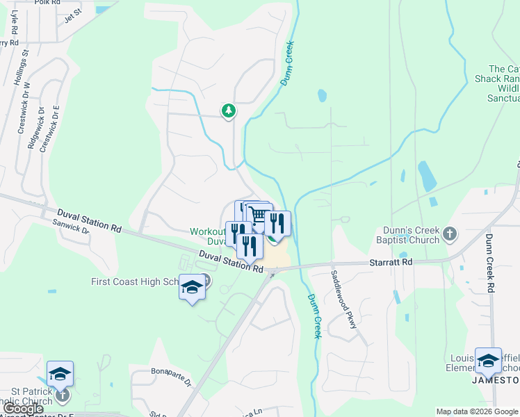 map of restaurants, bars, coffee shops, grocery stores, and more near 13947 Summer Breeze Drive East in Jacksonville