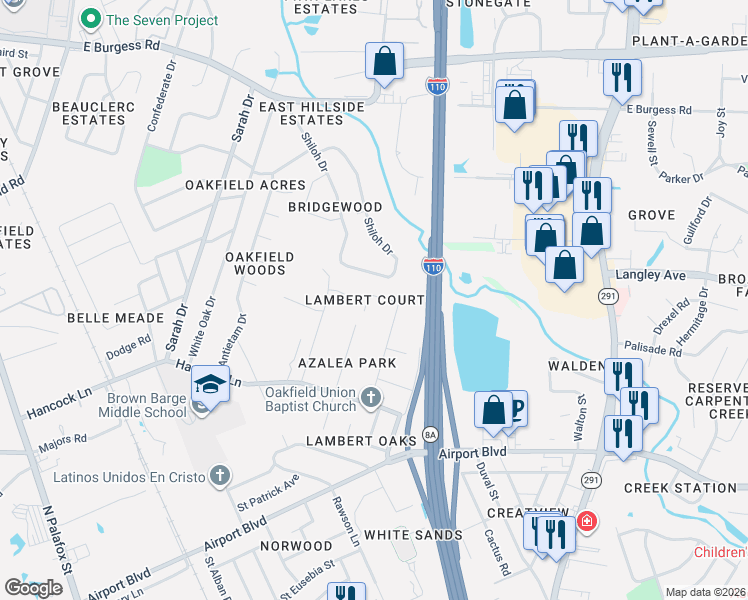 map of restaurants, bars, coffee shops, grocery stores, and more near 594 Shiloh Drive in Pensacola