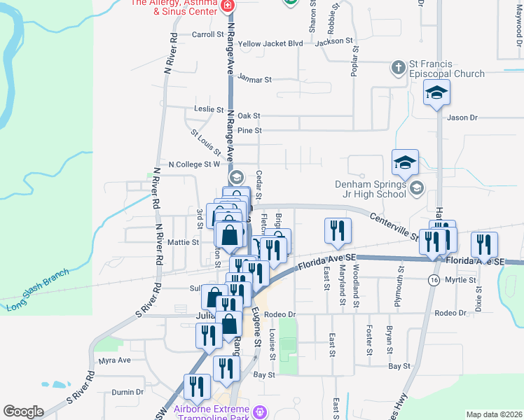 map of restaurants, bars, coffee shops, grocery stores, and more near 211 Centerville Street Northeast in Denham Springs