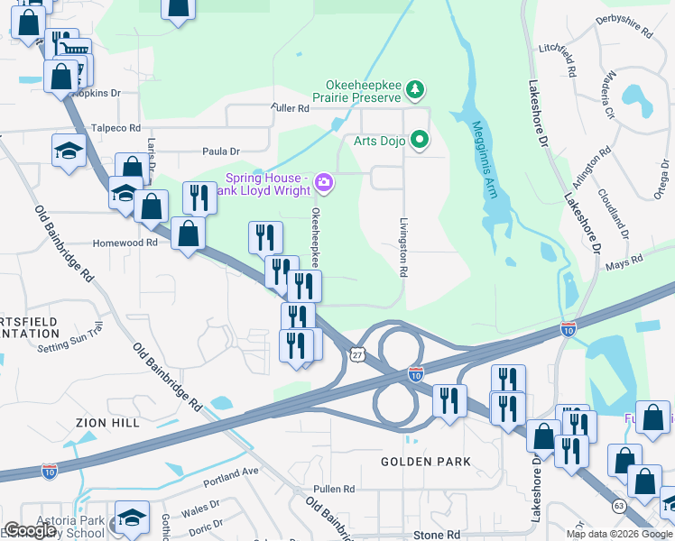 map of restaurants, bars, coffee shops, grocery stores, and more near 1348 Vickers Road in Tallahassee