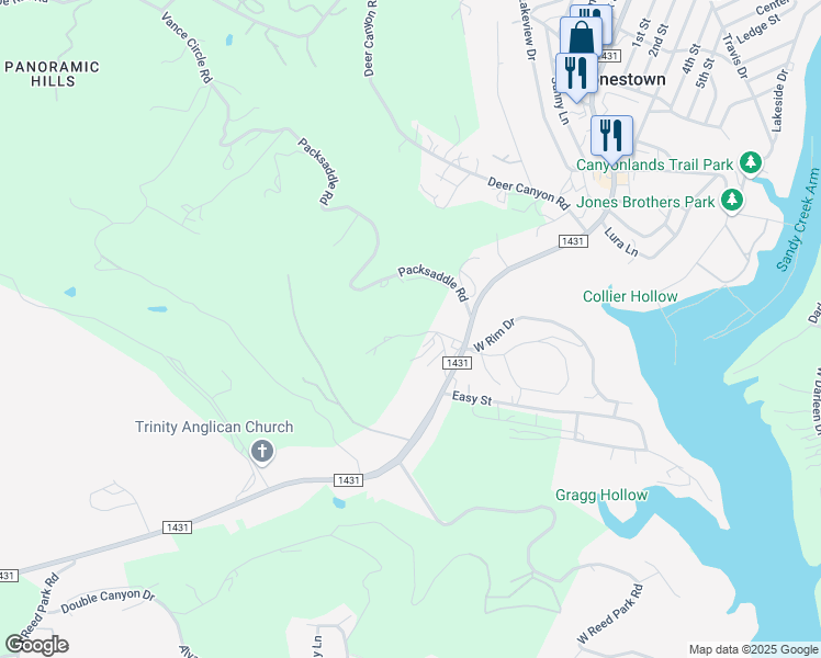 map of restaurants, bars, coffee shops, grocery stores, and more near 18778 Ranch Road 1431 in Jonestown