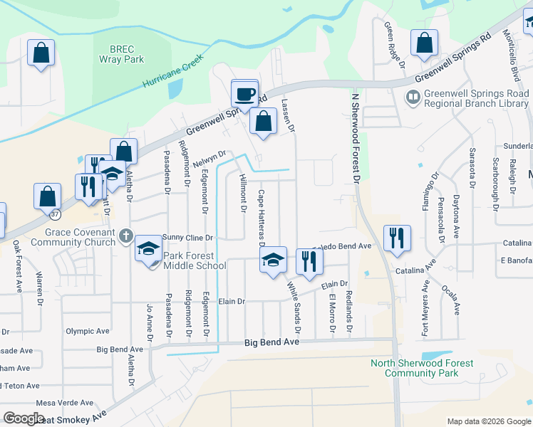 map of restaurants, bars, coffee shops, grocery stores, and more near 4045 Cape Hatteras Drive in Baton Rouge