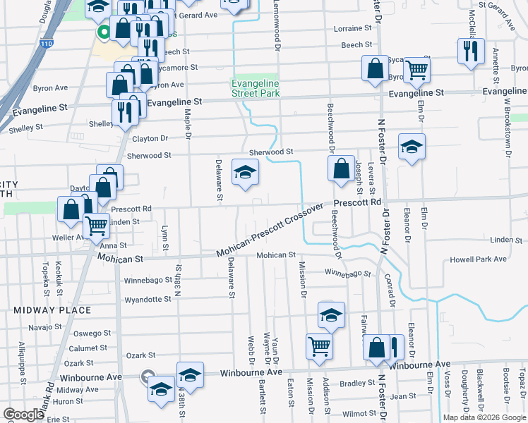 map of restaurants, bars, coffee shops, grocery stores, and more near 4220 Prescott Road in Baton Rouge