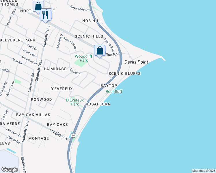 map of restaurants, bars, coffee shops, grocery stores, and more near 6494 Scenic Highway in Pensacola