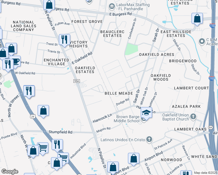 map of restaurants, bars, coffee shops, grocery stores, and more near 77 Monarch Lane in Pensacola