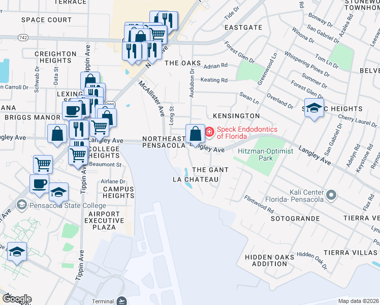 map of restaurants, bars, coffee shops, grocery stores, and more near 2813 Langley Avenue in Pensacola