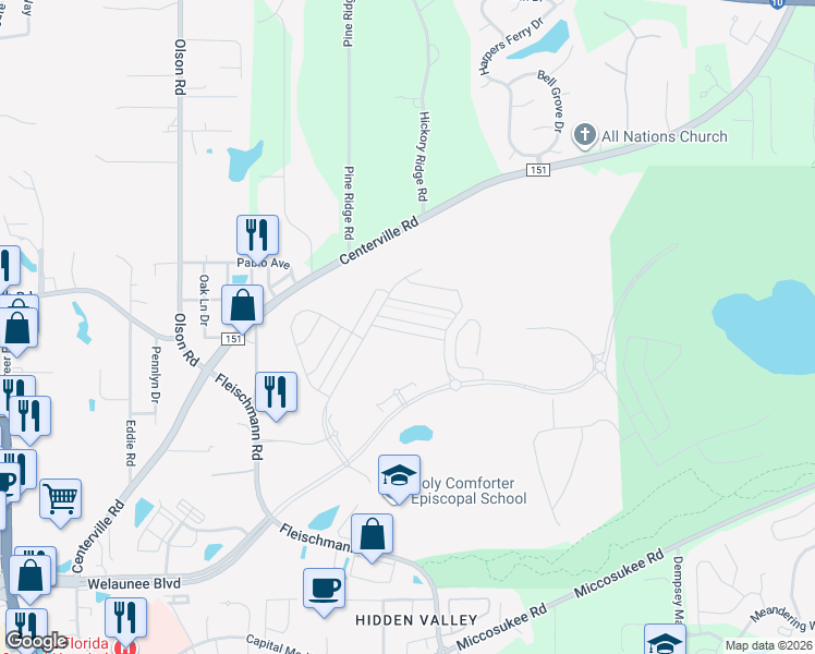 map of restaurants, bars, coffee shops, grocery stores, and more near 2880 Blue Blossom Trail in Tallahassee