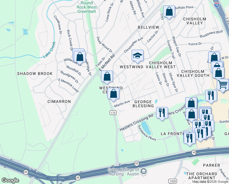 map of restaurants, bars, coffee shops, grocery stores, and more near 2401 County Road 172 in Round Rock