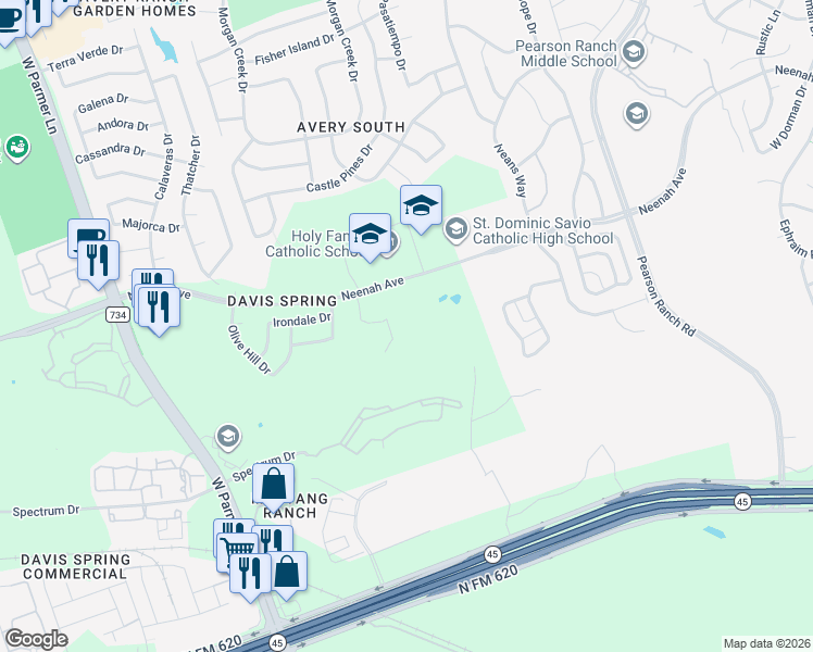 map of restaurants, bars, coffee shops, grocery stores, and more near 14900 Solera Drive in Austin
