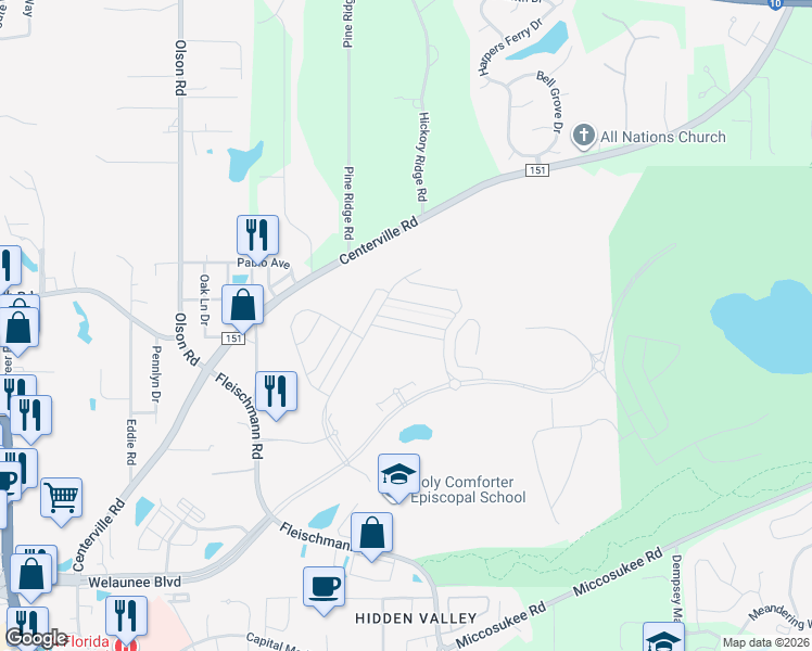 map of restaurants, bars, coffee shops, grocery stores, and more near 2880 Blue Blossom Trail in Tallahassee