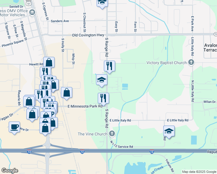 map of restaurants, bars, coffee shops, grocery stores, and more near 43283 South Range Road in Hammond