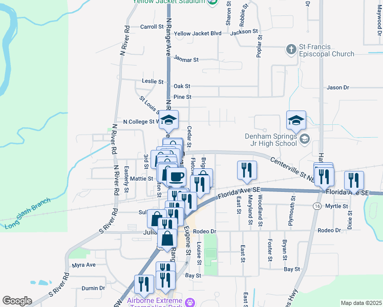 map of restaurants, bars, coffee shops, grocery stores, and more near 211 Centerville Street Northeast in Denham Springs