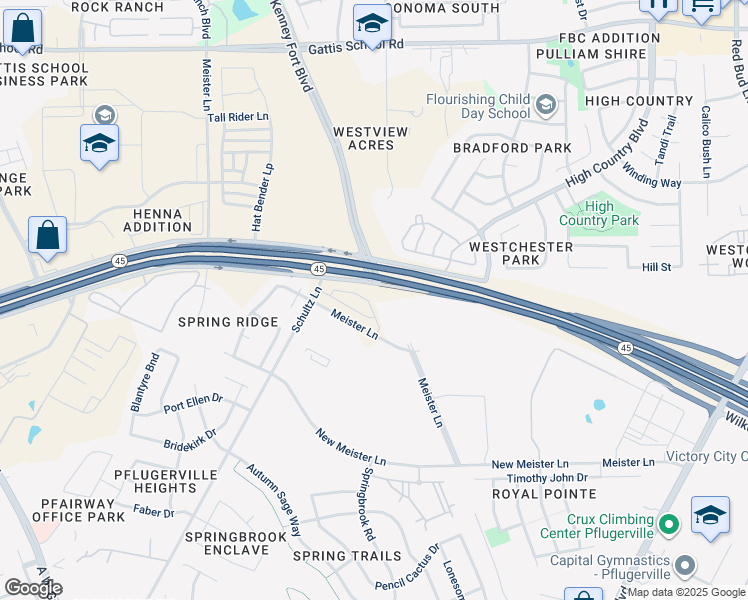 map of restaurants, bars, coffee shops, grocery stores, and more near 2687-2715 S H 45 in Round Rock