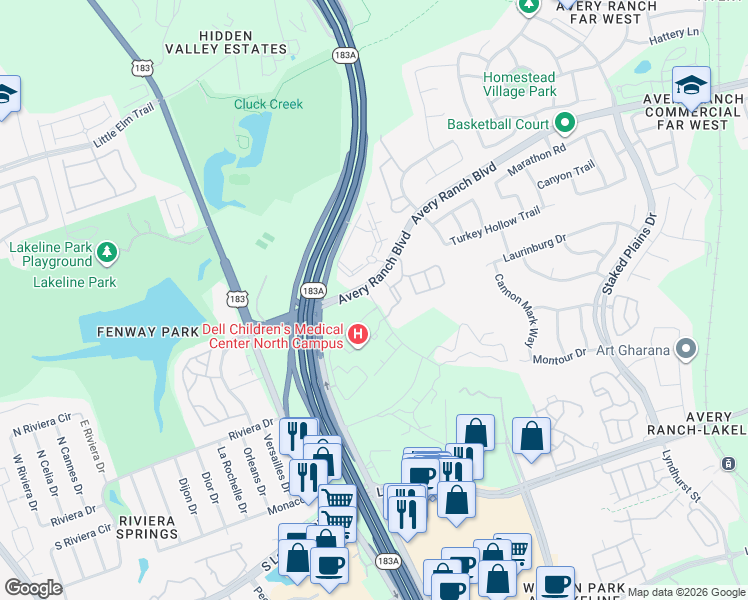 map of restaurants, bars, coffee shops, grocery stores, and more near 13100 Avery Ranch Boulevard in Austin