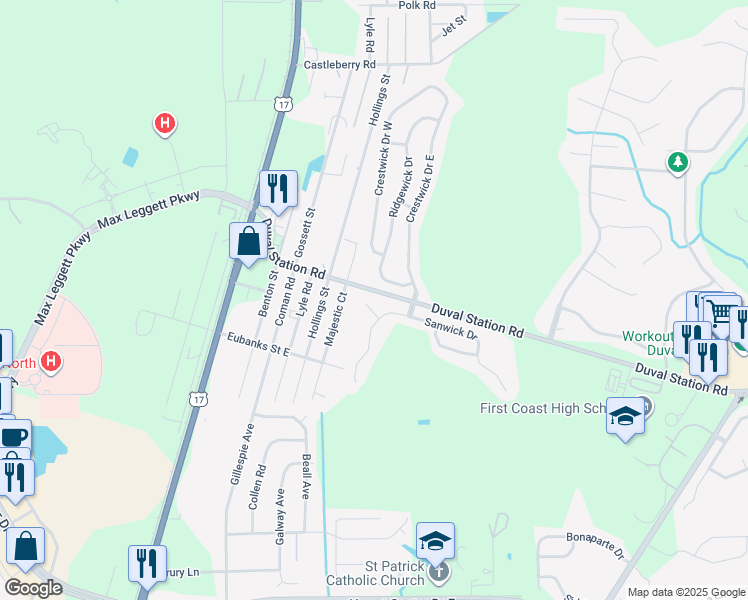 map of restaurants, bars, coffee shops, grocery stores, and more near 13785 Sanwick Court in Jacksonville