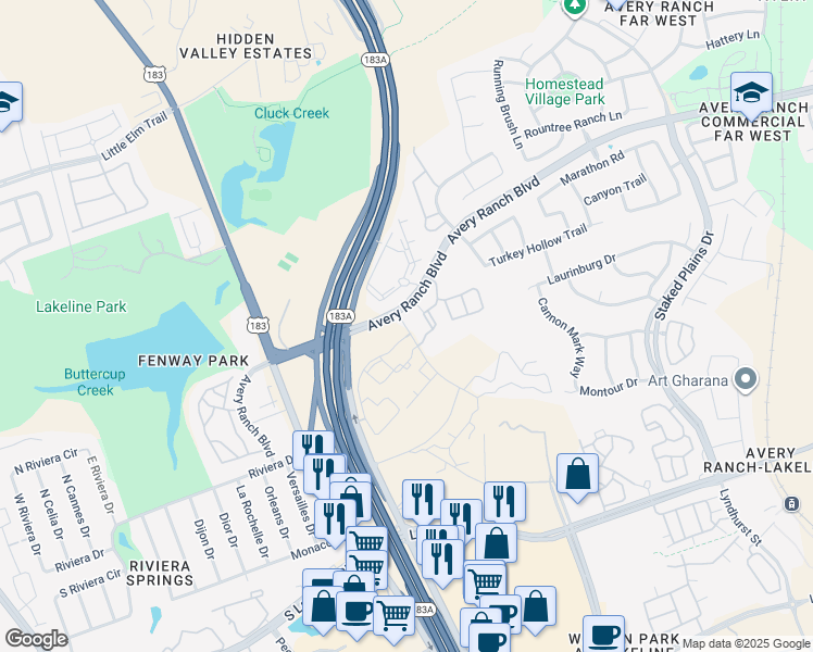 map of restaurants, bars, coffee shops, grocery stores, and more near 13100 Avery Ranch Boulevard in Austin