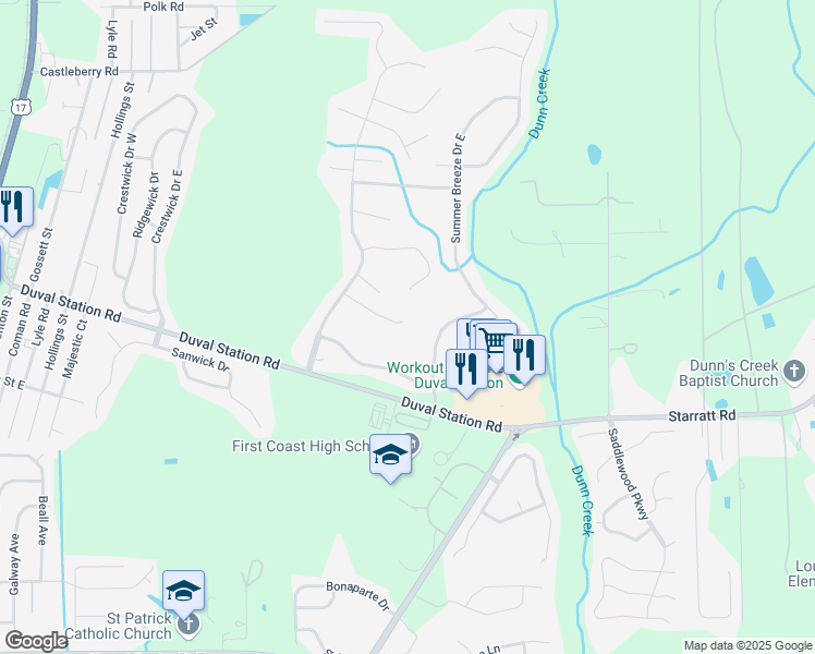 map of restaurants, bars, coffee shops, grocery stores, and more near 628 Misty Morning Court in Jacksonville