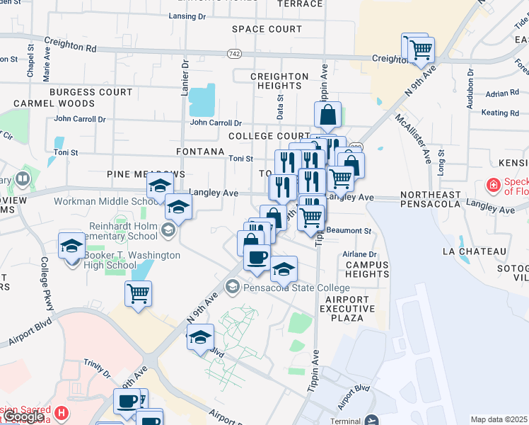 map of restaurants, bars, coffee shops, grocery stores, and more near 2149 Schwab Court in Pensacola