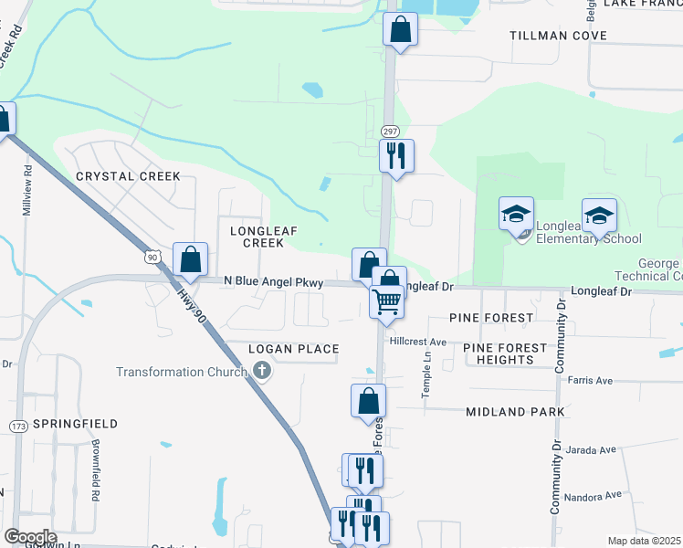map of restaurants, bars, coffee shops, grocery stores, and more near 7170 North Blue Angel Parkway in Pensacola