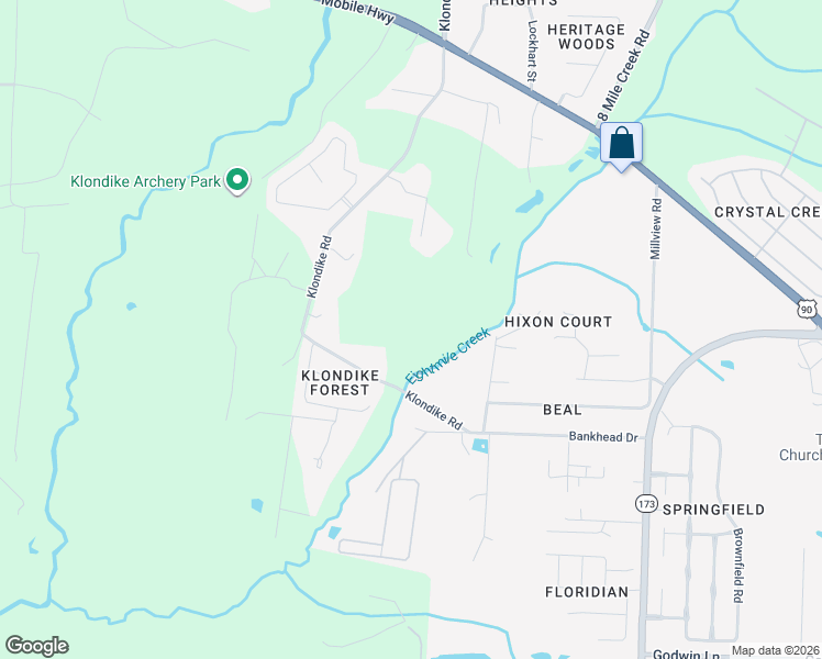 map of restaurants, bars, coffee shops, grocery stores, and more near 6660 Klondike Road in Pensacola