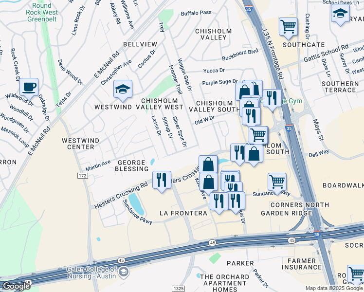 map of restaurants, bars, coffee shops, grocery stores, and more near 2402 Silver Spur Drive in Round Rock