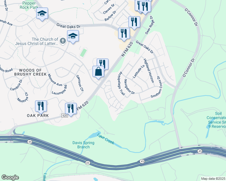 map of restaurants, bars, coffee shops, grocery stores, and more near 1312 Sarah Christine Lane in Austin