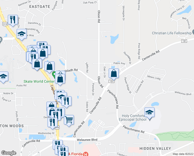 map of restaurants, bars, coffee shops, grocery stores, and more near 2640 Olson Road in Tallahassee