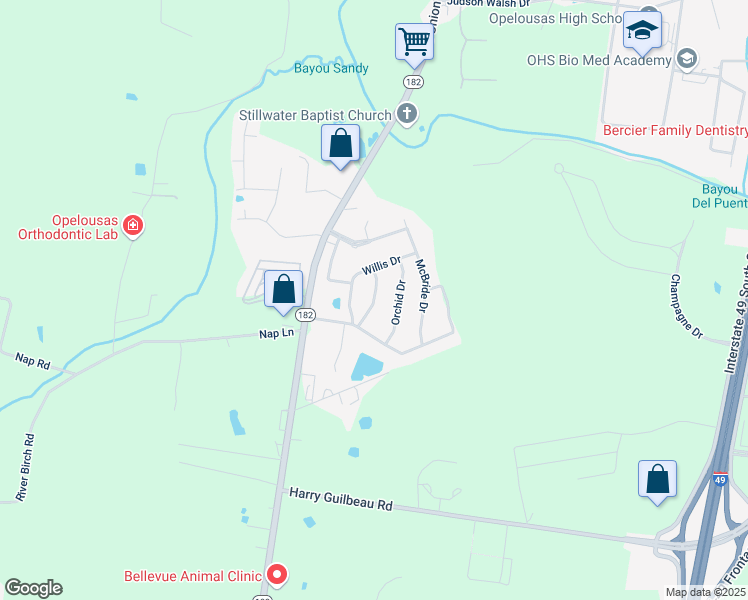 map of restaurants, bars, coffee shops, grocery stores, and more near 101 Mayflower Drive in Opelousas